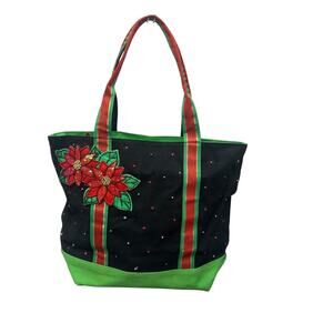 Quacker Factory Christmas Festive Sequins‎ Beading Poinsettia Tote Black Red Bag